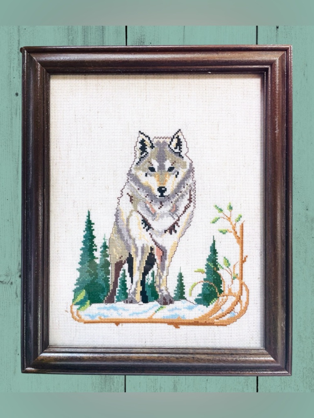 VTG ‘90’s Wolf Hand worked & Framed Cross Stitch Grey Wolves Wildlife Forest